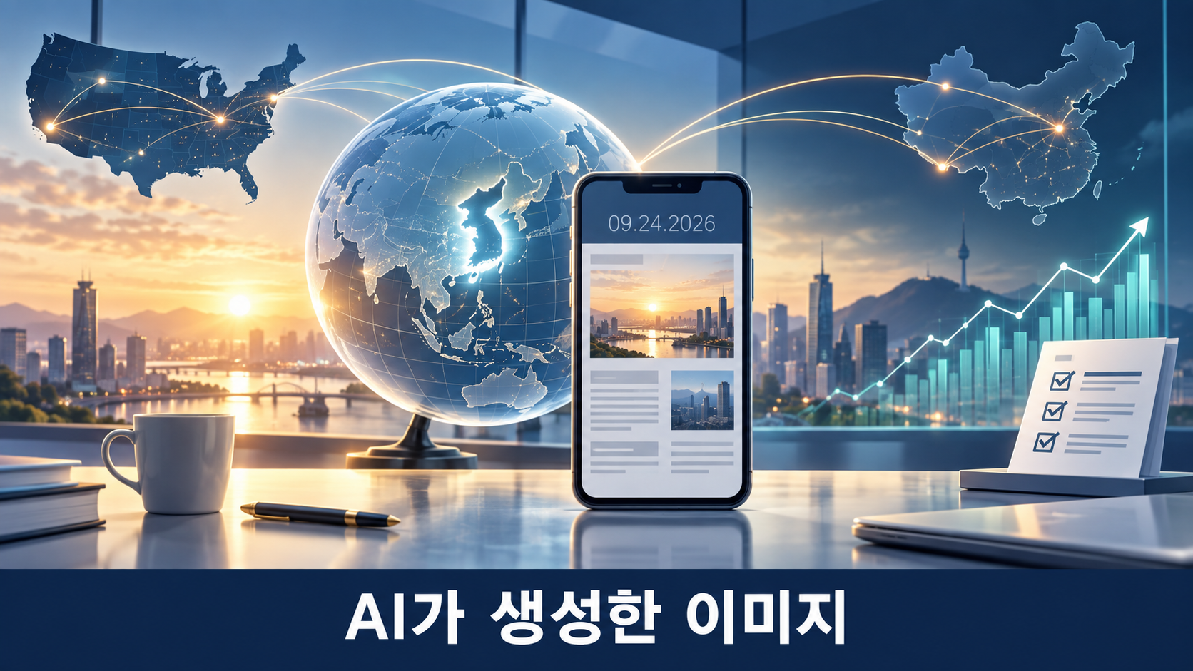 2026년 9월 24일 아침 뉴스의 경제·외교·생활 정보를 표현한 AI 개념 일러스트