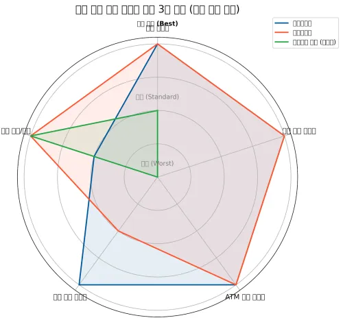 도쿄 여행 카드 3종 트래블월렛, 트래블로그, 유틸리티 카드의 환전, 결제, ATM, 계좌 연동, 부가 혜택을 비교하는 레이더 차트 인포그래픽