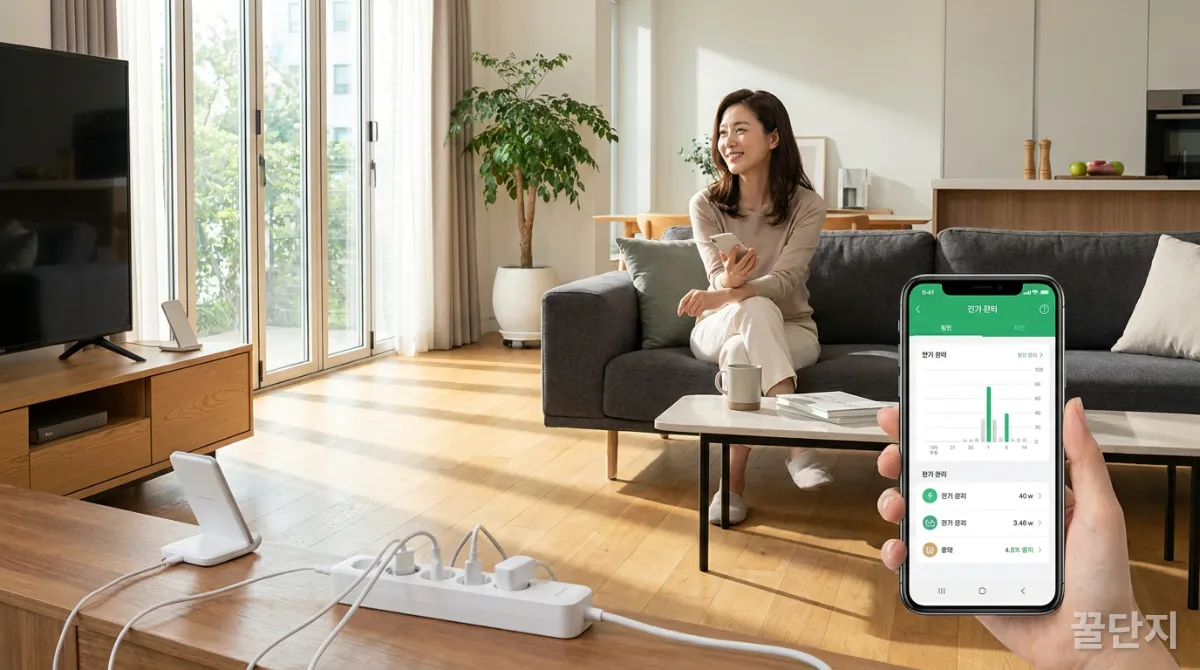 스마트폰 앱으로 전기 사용량을 확인하는 한국인 주부의 모습