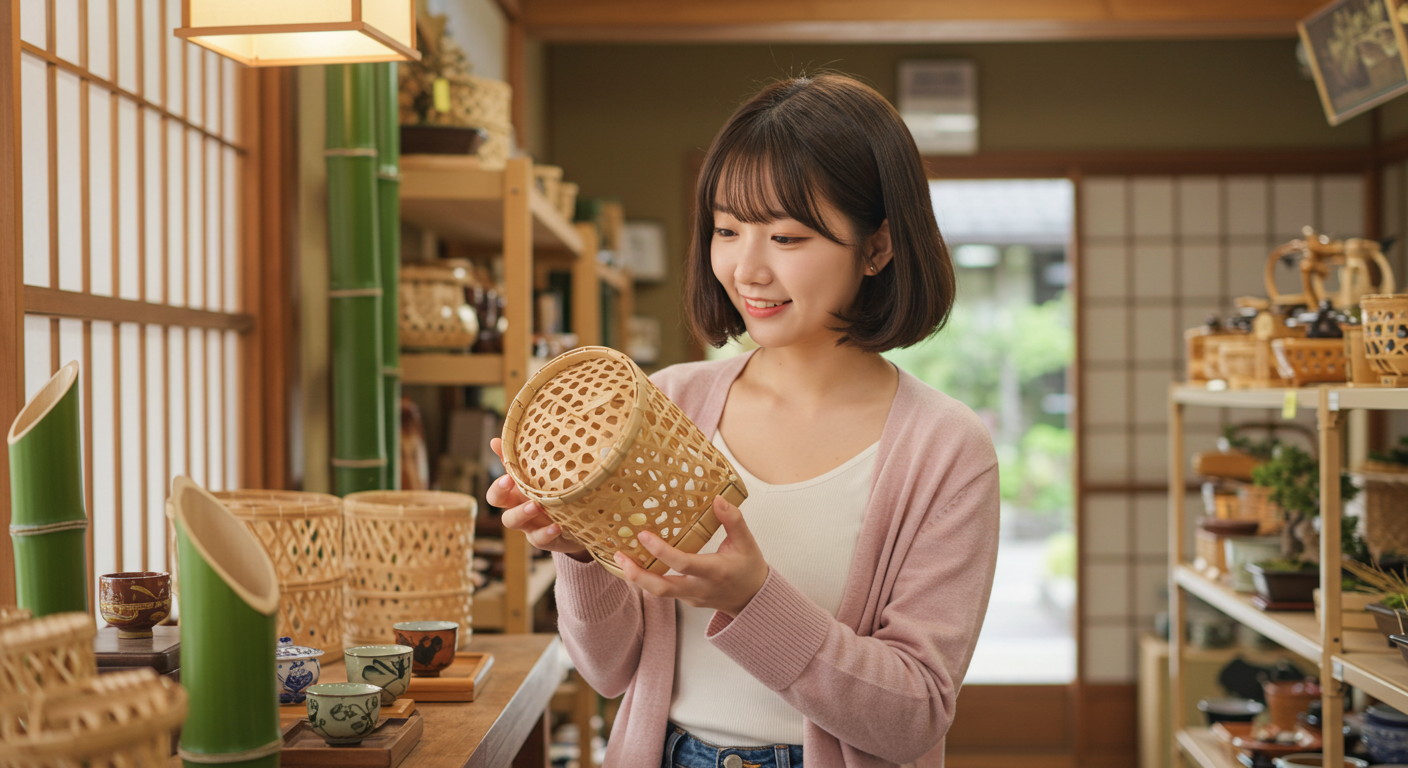 일본의 대나무 공예품 집에서 쇼핑을 하는 사람
