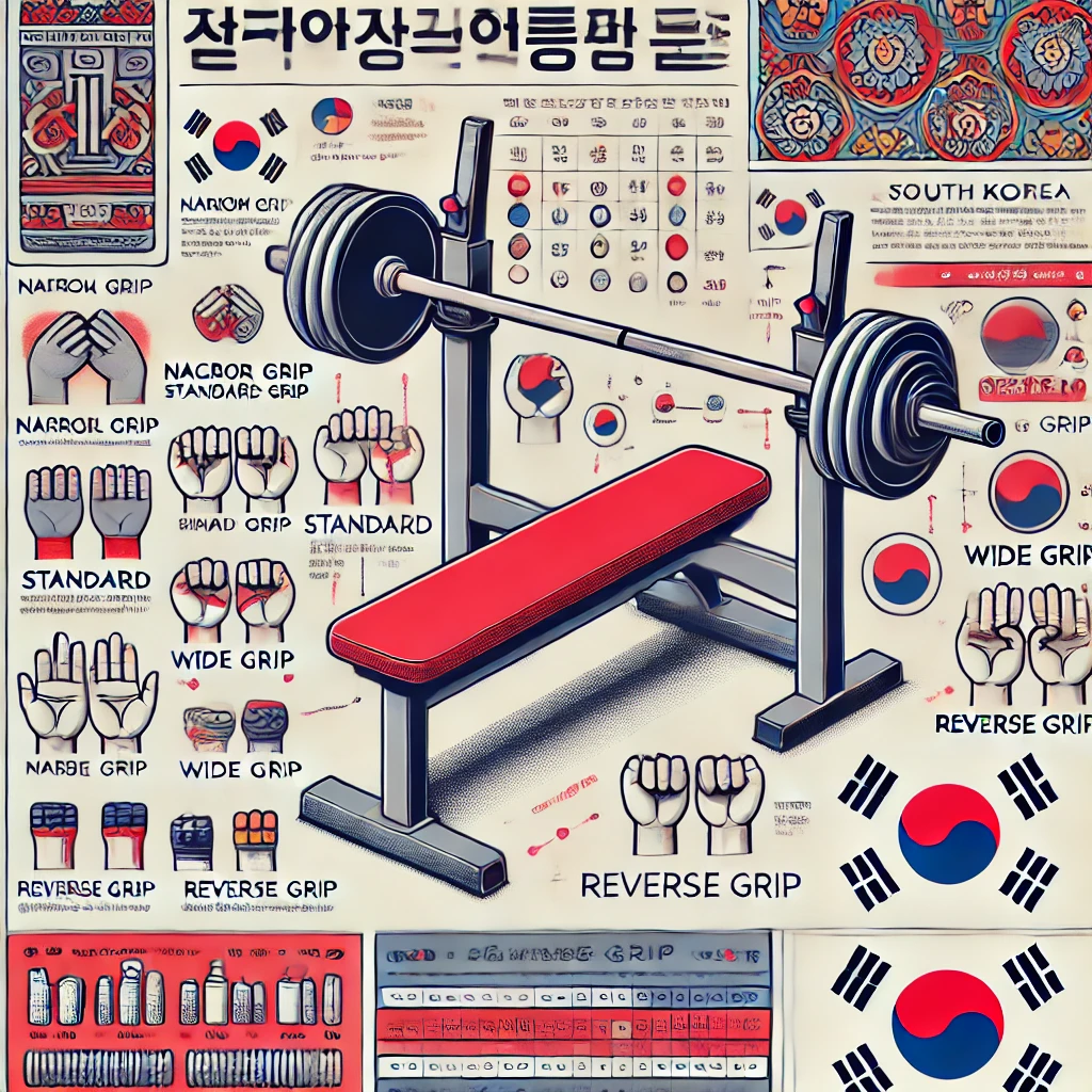 한국 스타일 인포그래픽, 벤치프레스 그립 종류, 좁은 그립, 표준 그립, 넓은 그립, 리버스 그립, 한글 설명 포함, 전통 한국 디자인 요소