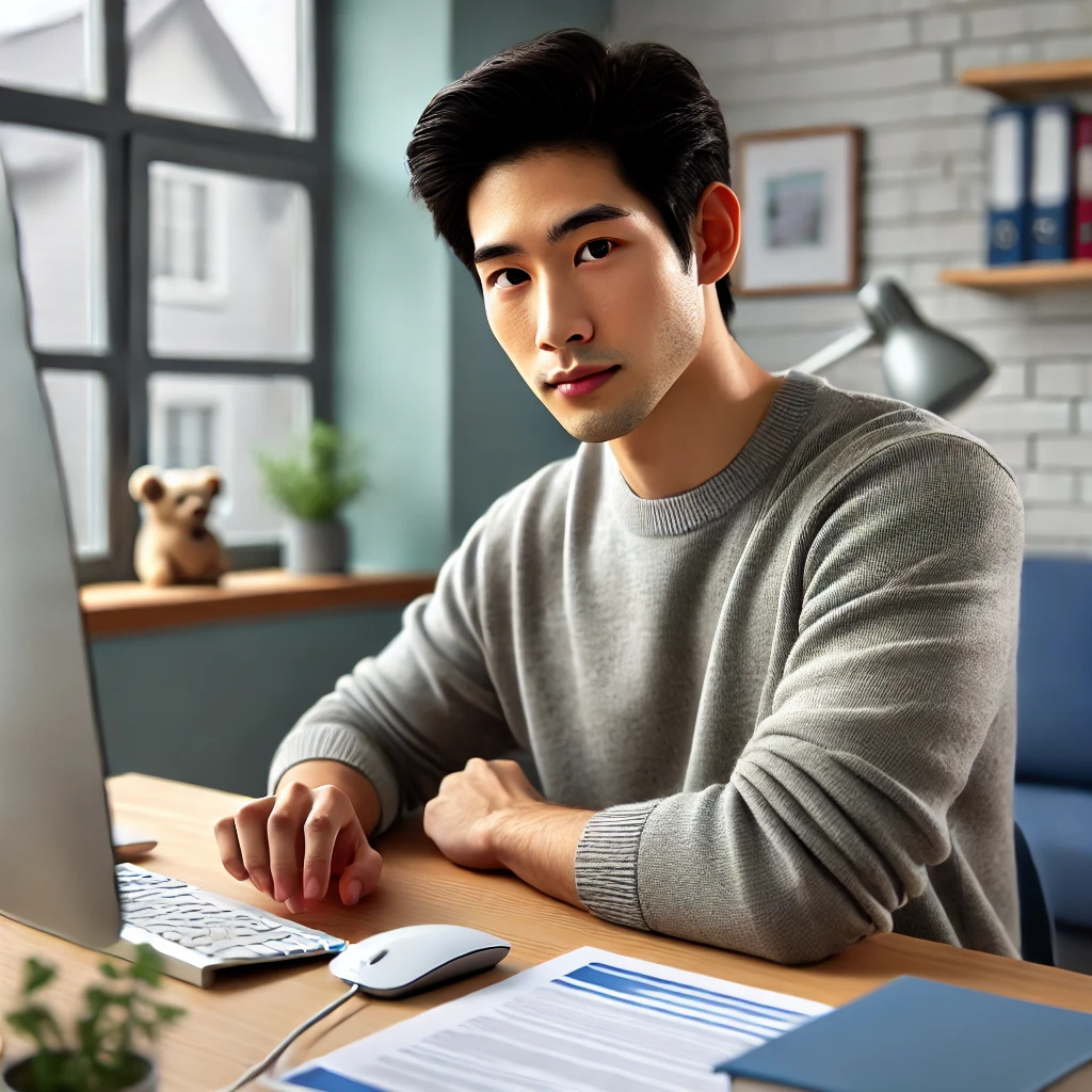 20대 후반의 한국 남성이 조용한 공부 공간에서 컴퓨터로 자격증 시험 작업을 연습하며 정밀한 마우스와 키보드 사용에 집중하고 차분한 표정을 짓고 있는 모습