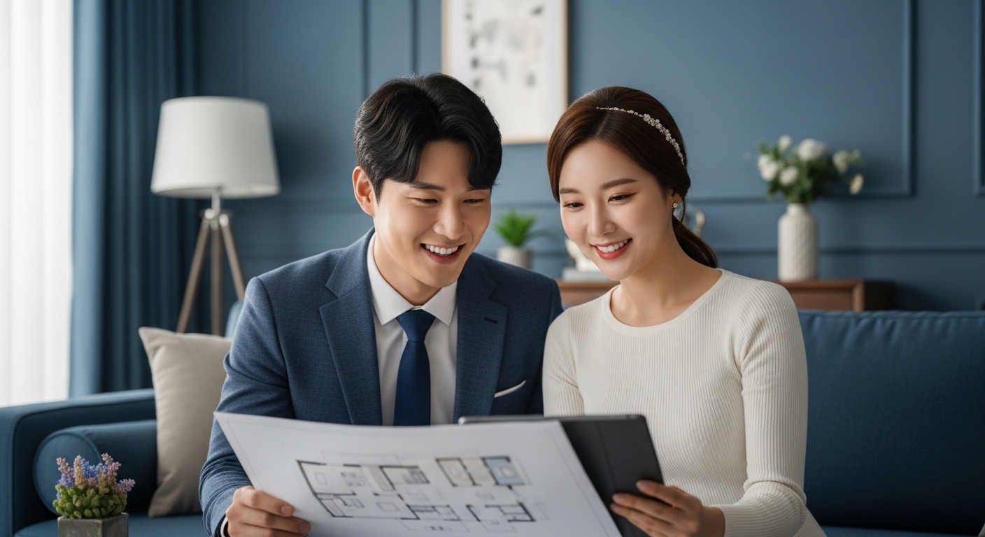 미래의 보금자리를 계획하며 행복하게 웃고 있는 젊은 신혼부부의 모습.