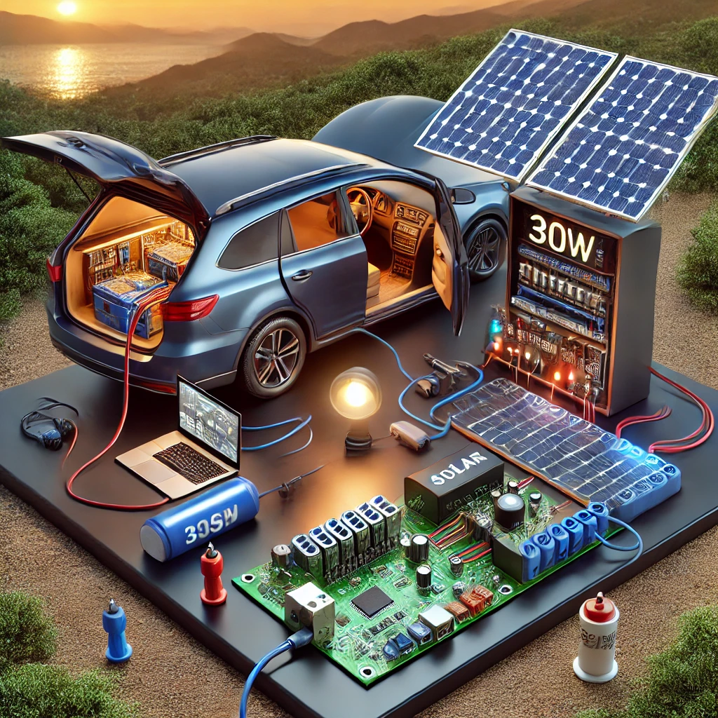스마트 배전 시스템으로 차량 시거잭과 태양광 충전 사이를 자동 전환하며 ESS에 전기를 분배하는 차량 차박 셋업