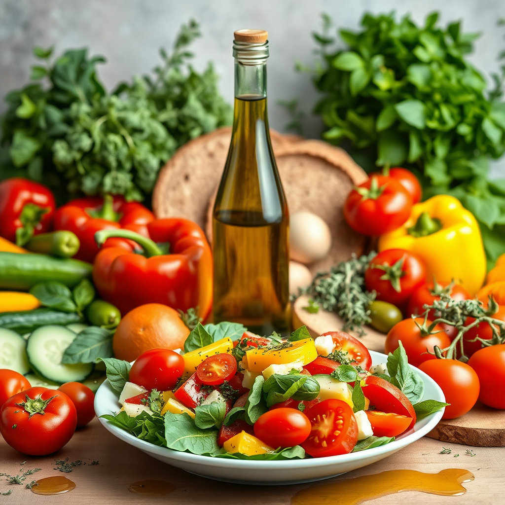 신선한 채소, 통밀빵, 토마토, 허브 등 지중해 식단을 대표하는 재료들이 자연스럽게 놓여 있고, 그 중심에 올리브 오일 병이 자리합니다. 접시에는 올리브 오일이 뿌려진 샐러드가 있어 식욕을 자극하는 건강한 분위기를 연출합니다.