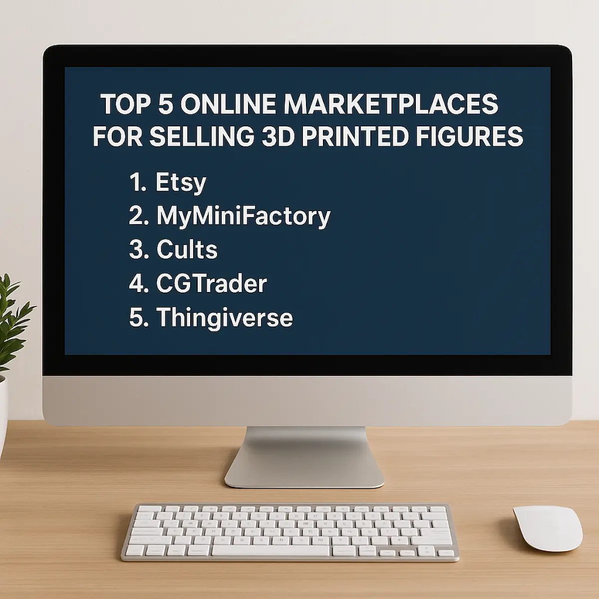 3D프린팅 피규어 판매에 적합한 온라인 마켓플레이스 TOP 5가 정리된 컴퓨터 화면, 인물 없이 정보가 표시된 장면
