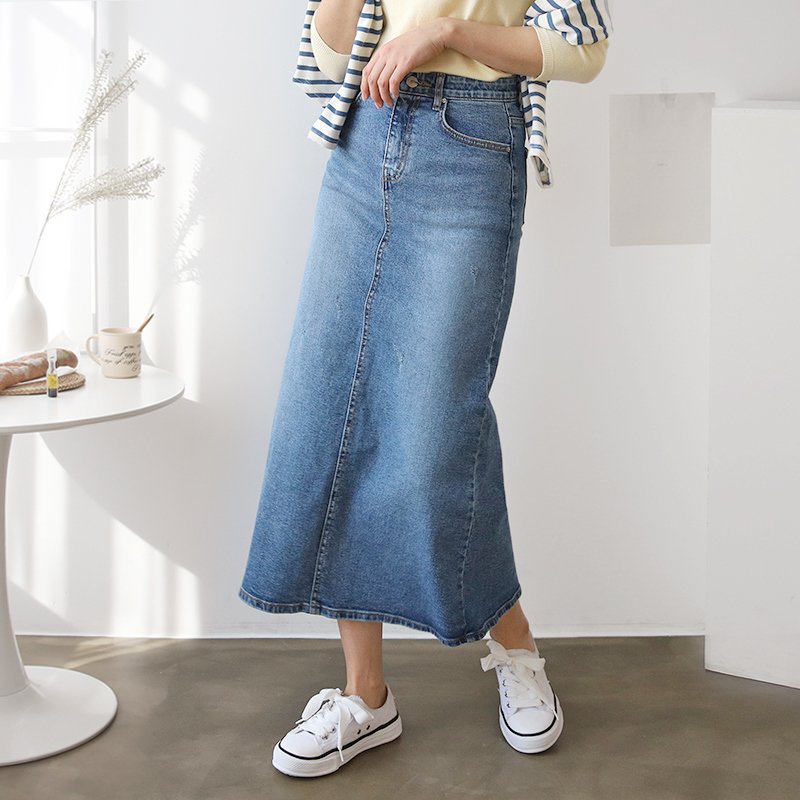 슬릿 뒤 트임 밴딩 롱 데님 청치마 스커트