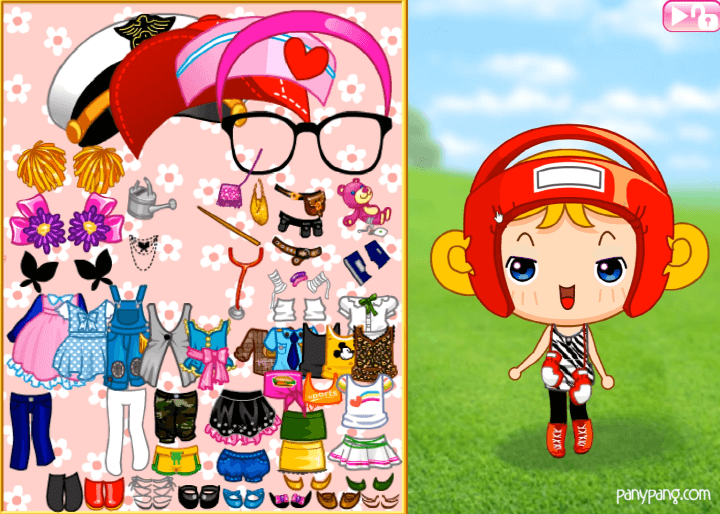 귀여운-위니윙-옷입히기-플래시게임-플레이2-머리위에-복싱-헤드기어를-착용한-화면