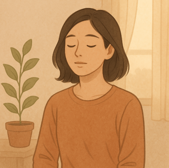 조용한 방안에서 눈을 감고 호흡하는 사람