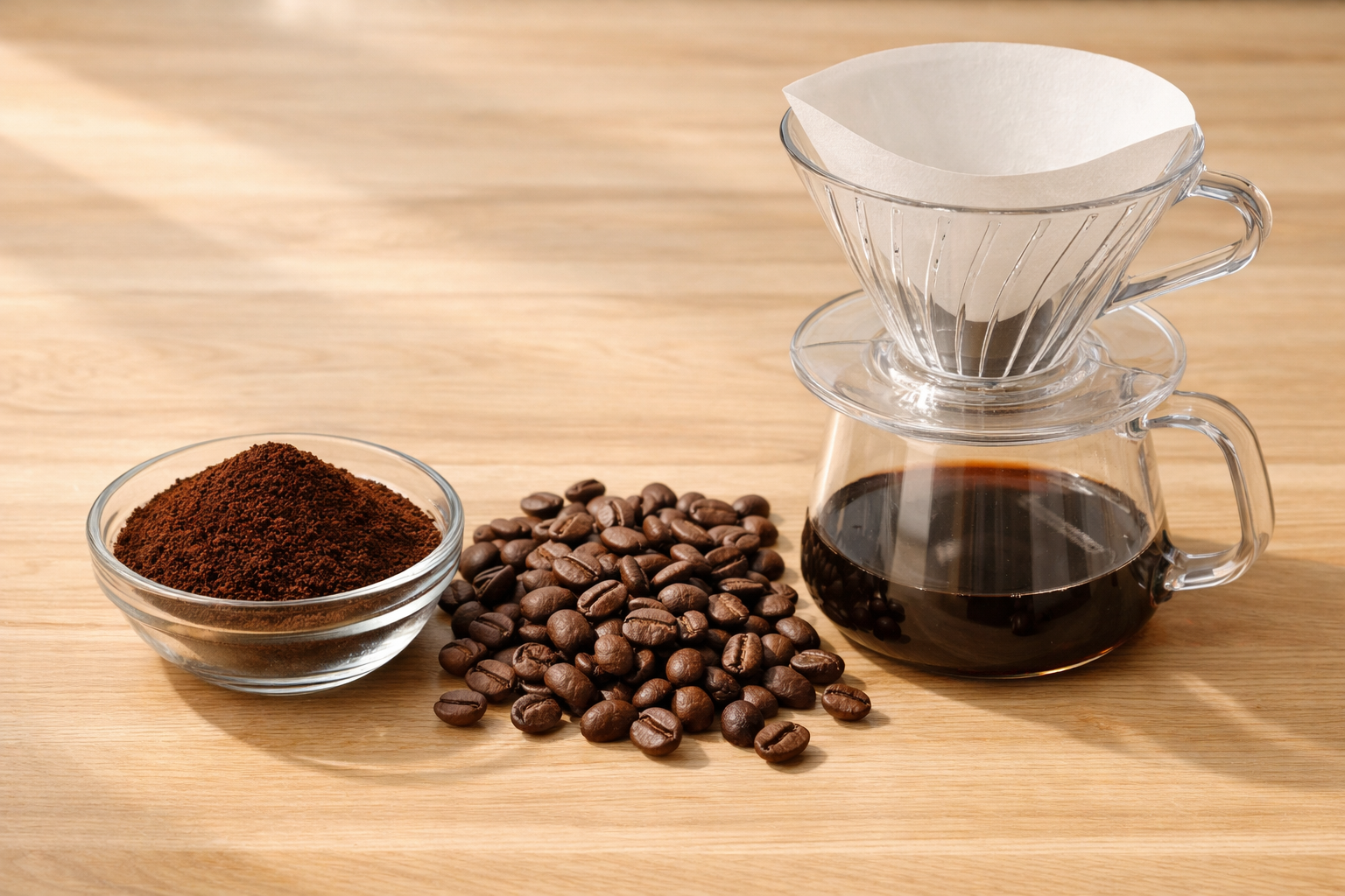 곱게 간 원두와 커피 추출 도구를 함께 보여주는 이미지