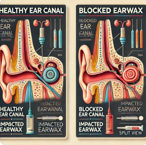 정상 vs. 귀지로 막힌 귀 비교 – 반반 비교 이미지