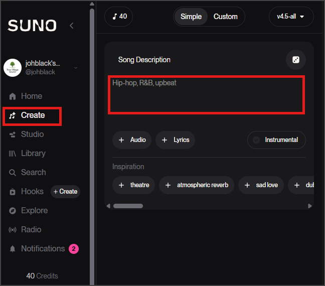 수노 심플모드 생성하기 화면