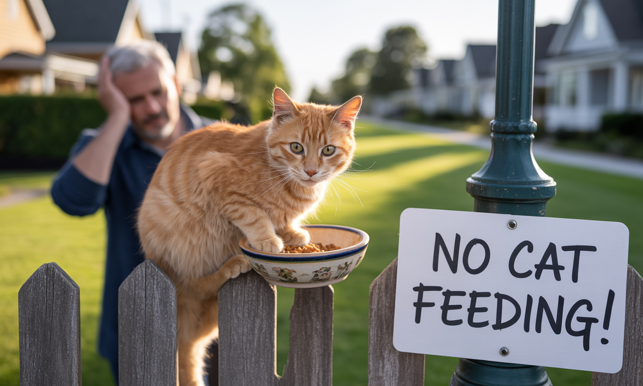 길고양이 급식으로 인한 이웃 갈등과 법적 문제 발생 원인을 설명하는 일러스트.