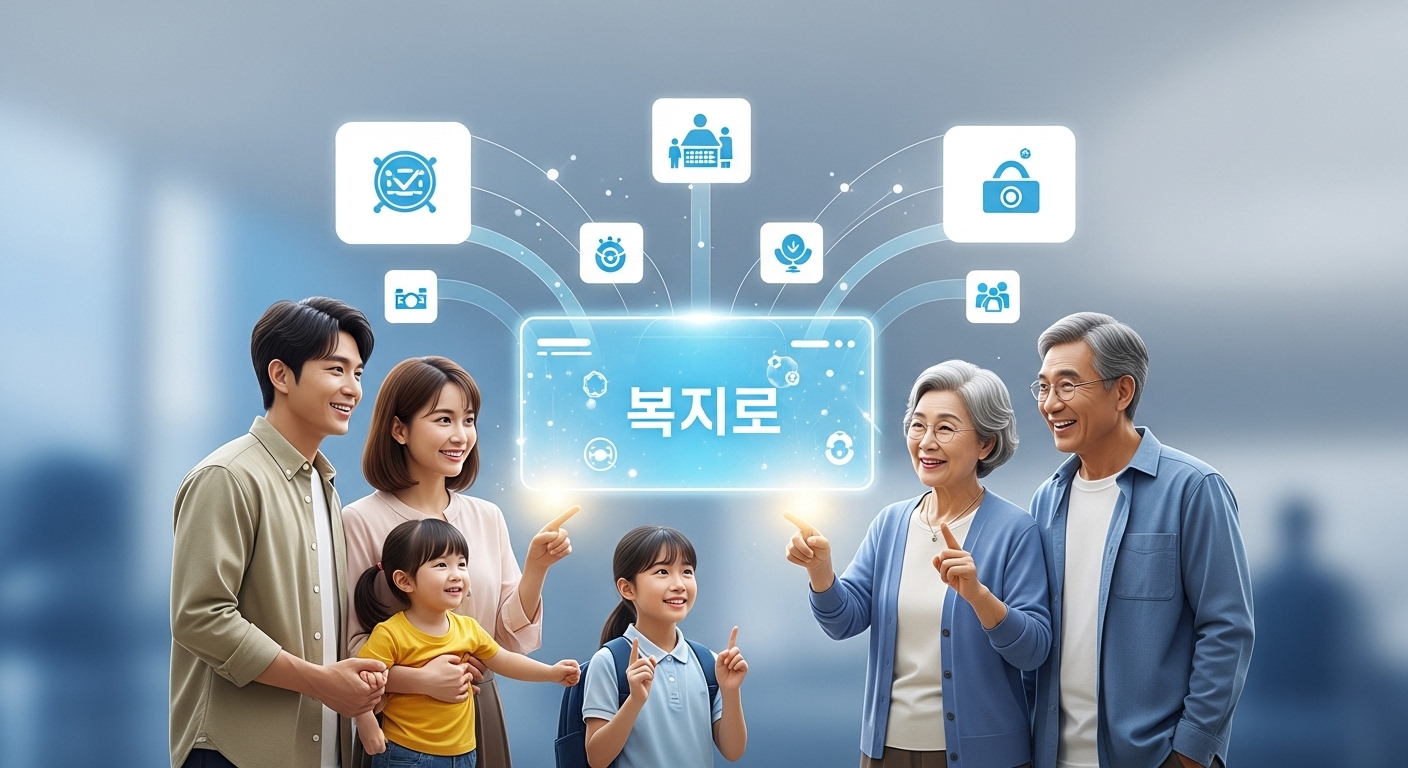 다양한 연령대의 사람들이 복지로 웹사이트를 통해 맞춤형 복지 혜택을 쉽고 편리하게 확인하는 모습.