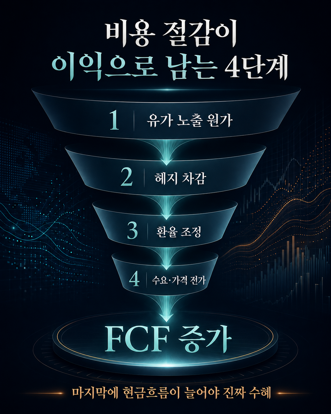 유가 노출 원가에서 헤지 환율 수요 가격 전가를 차감해 FCF 증가를 확인하는 네 단계