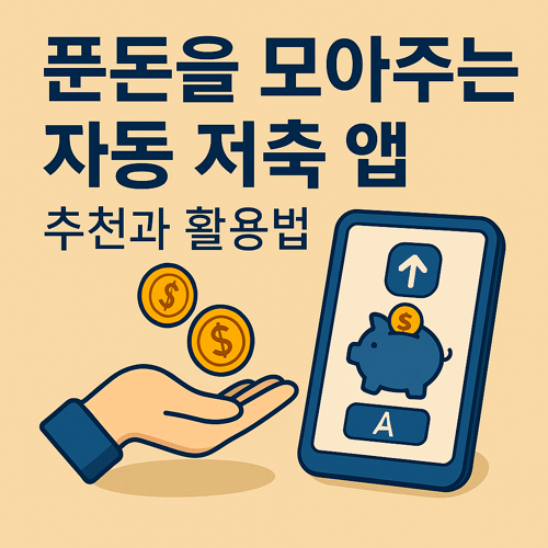푼돈을 모아주는 자동 저축 앱 추천과 활용법을 주제로 한 썸네일 이미지로, 돼지저금통 아이콘이 표시된 스마트폰 화면, 손에 떨어지는 동전, 저축을 상징하는 일러스트