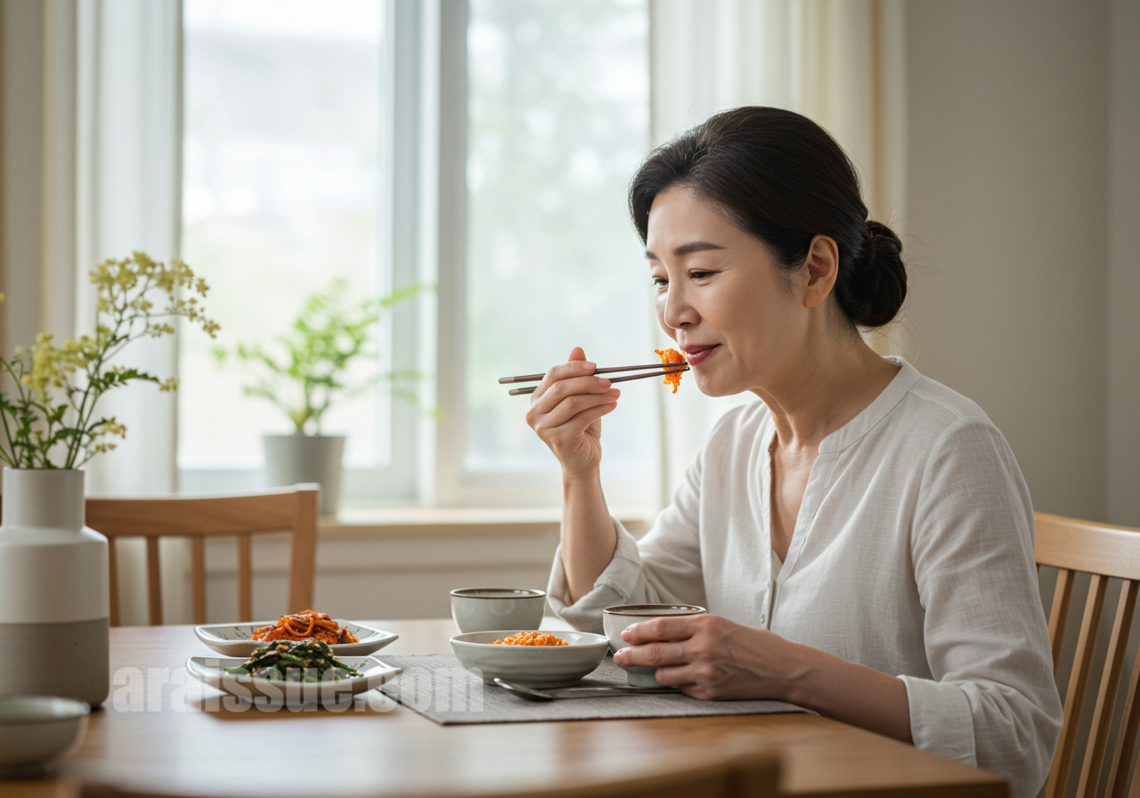 혈당 관리를 위해 천천히 식사하는 장면