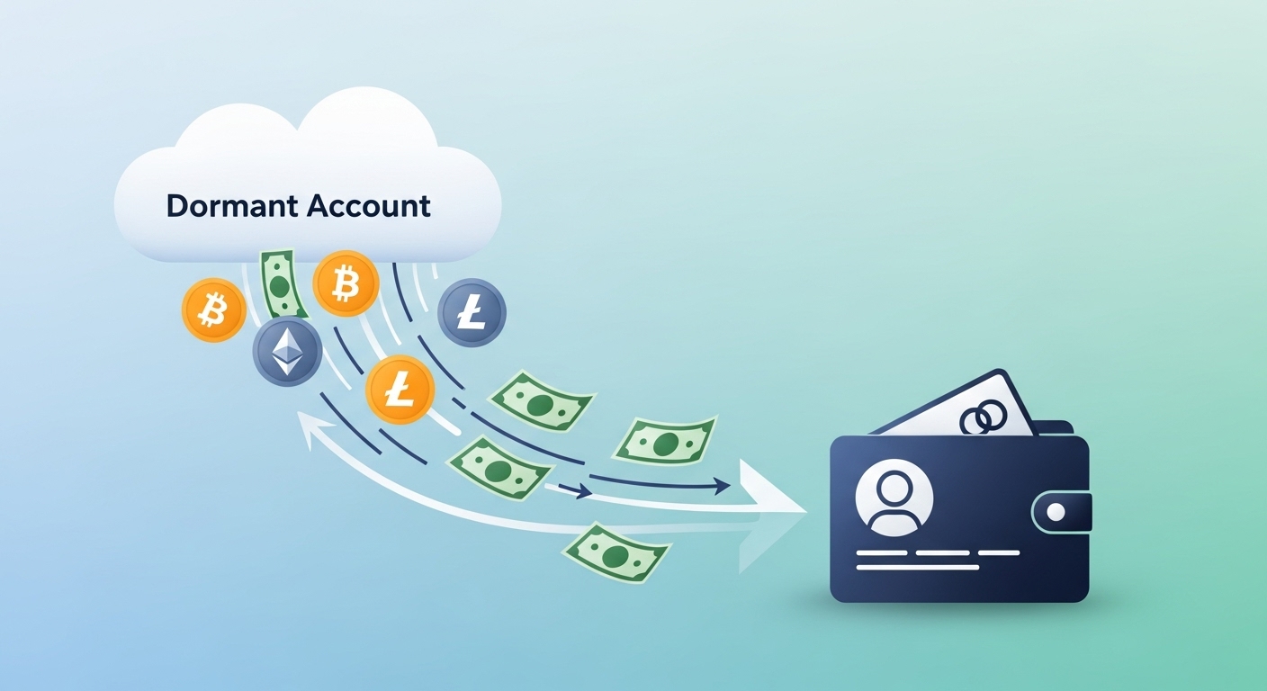 휴면계좌에서 내 통장으로 돈이 입금되는 과정을 상징하는 이미지