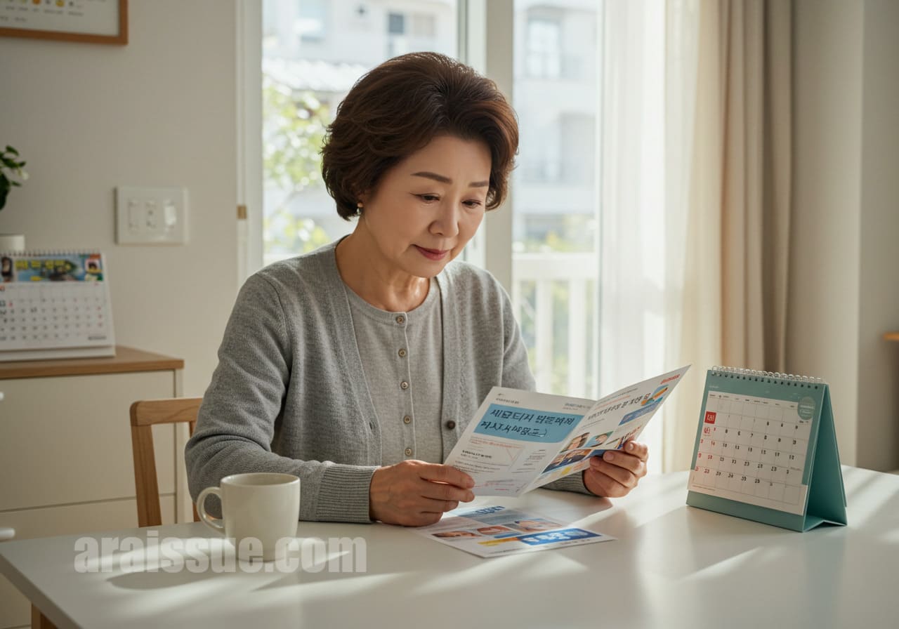 건강보험 안내문을 살펴보는 60대 한국 여성
