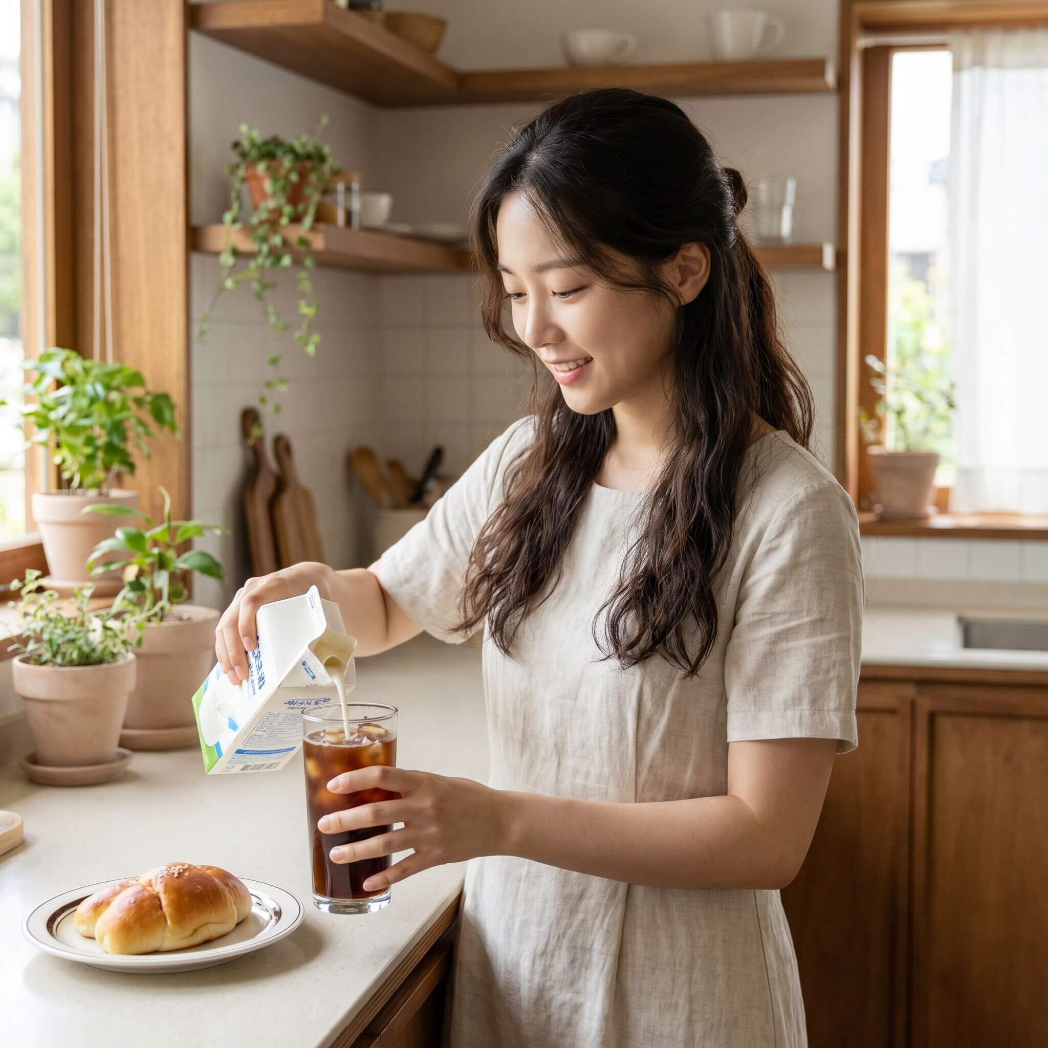아이스커피에 우유를 붓고있는 여자