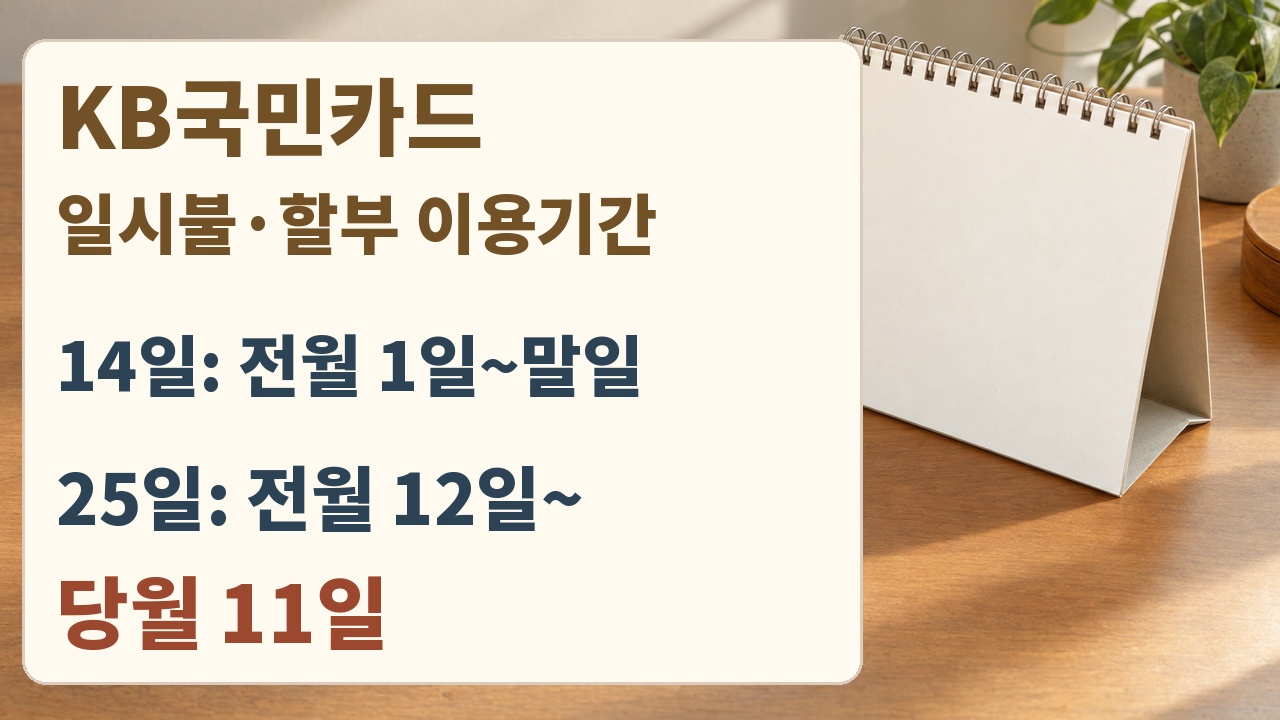 KB국민카드 일시불·할부의 14일과 25일 결제 이용기간 비교