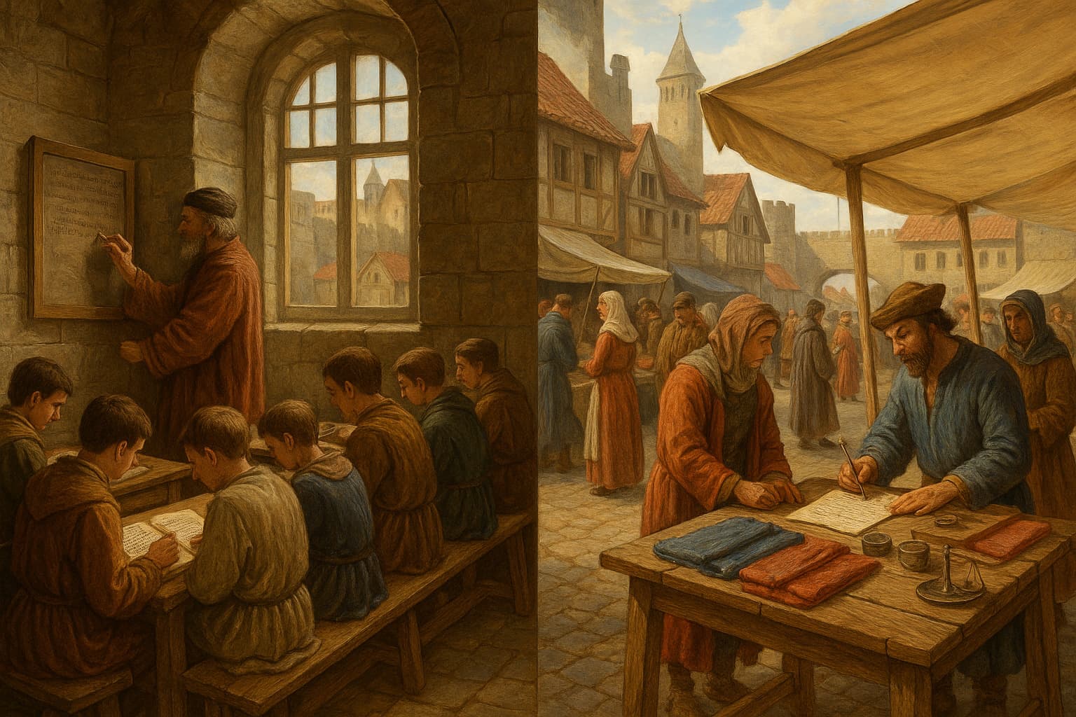 중세 유럽 공부하는 학교에서 공부하는 모습과 시장에서 상인이 거래하고 있는 모습