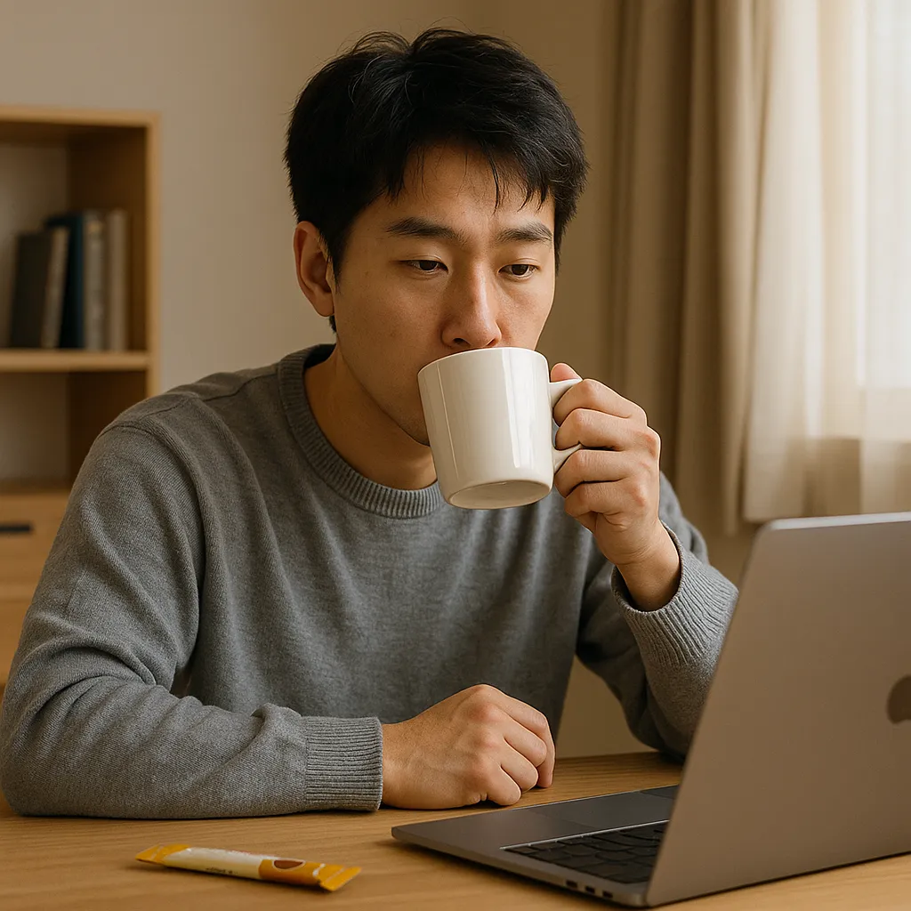 노트북 앞에서 믹스커피를 마시는 청년