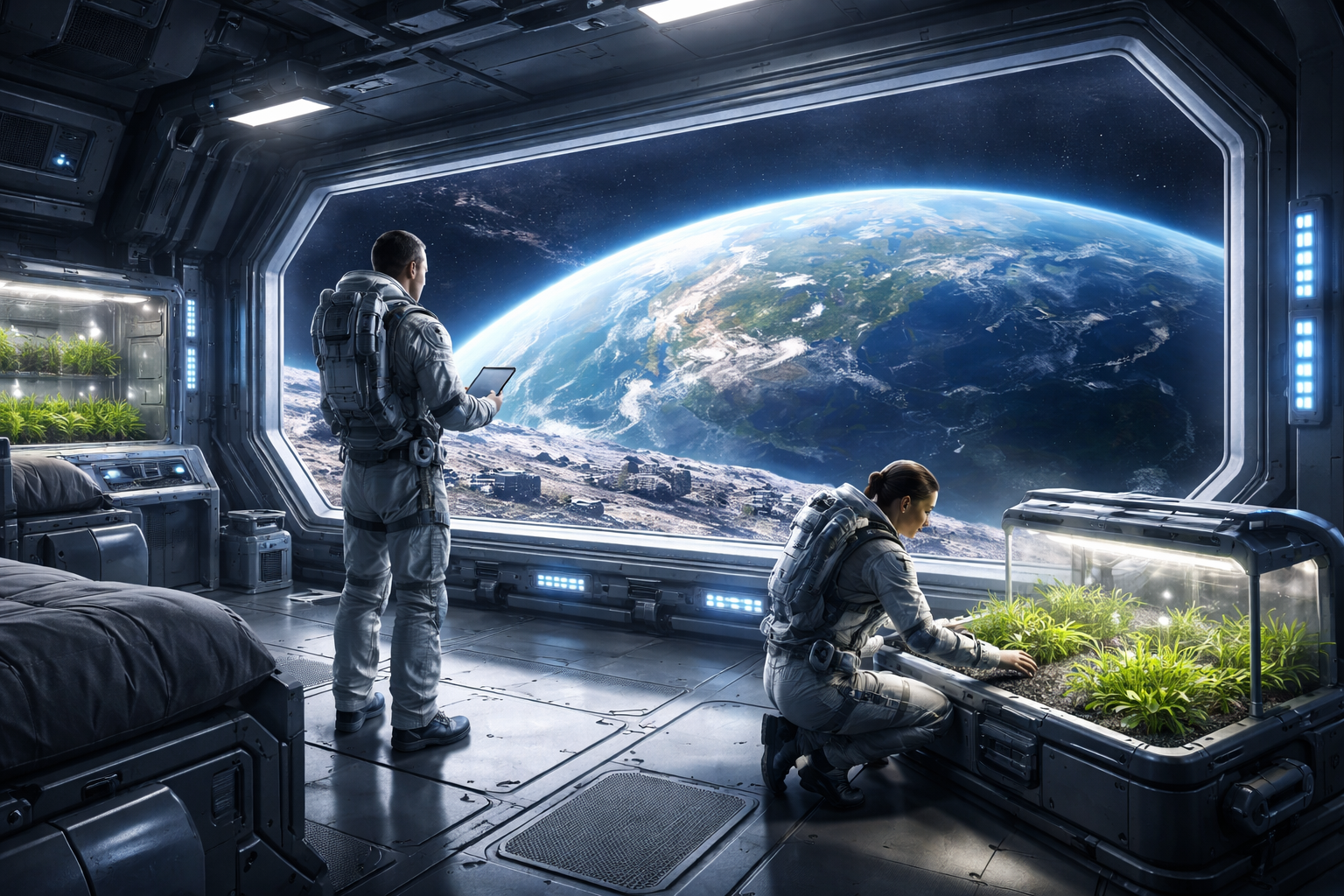 우주 기지 내부에서 인간이 우주복을 입고 식물을 재배하며 지구를 바라보는 모습