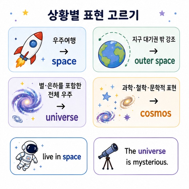로켓과 은하, 지구를 활용해 상황별 우주 영어 표현을 고르는 방법을 보여주는 이미지
