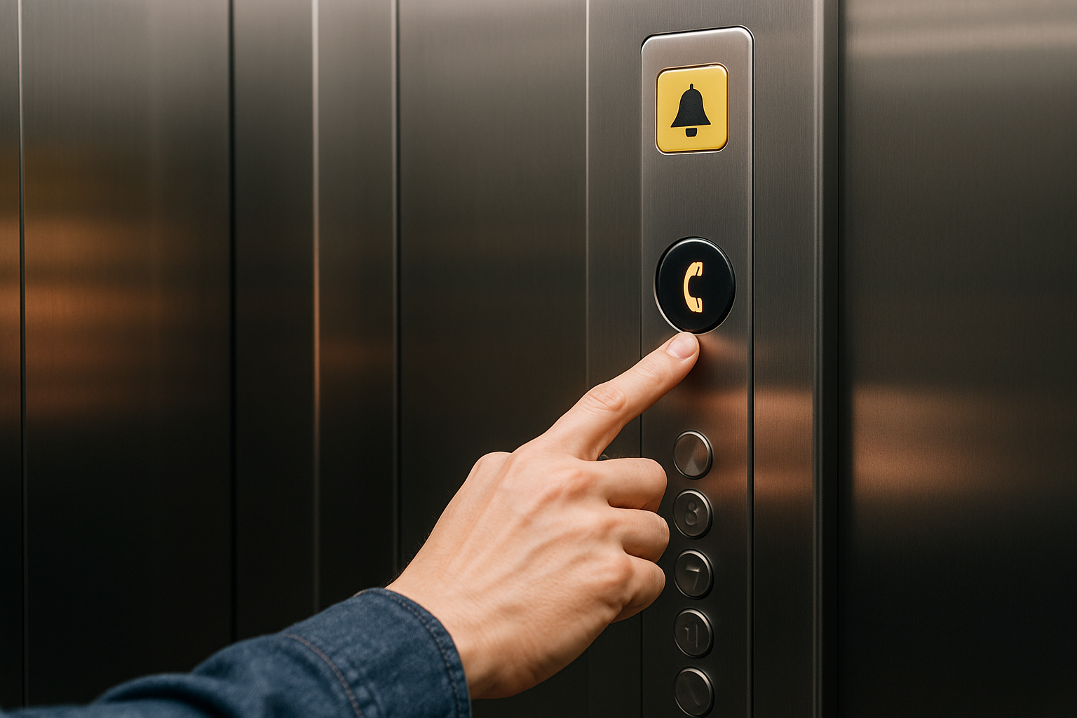 엘리베이터 비상통화 버튼을 누르는 손 클로즈업