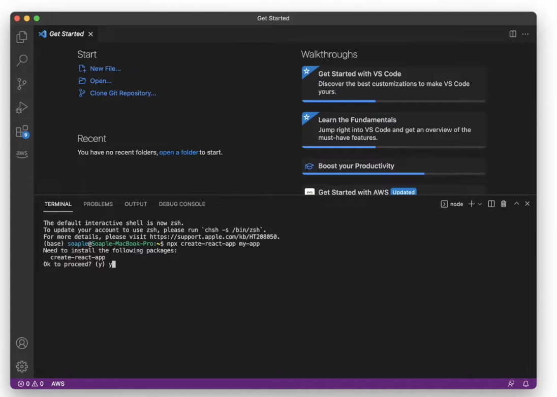 create-react-app 패키지 설치 진행 중 y 입력 확인 화면