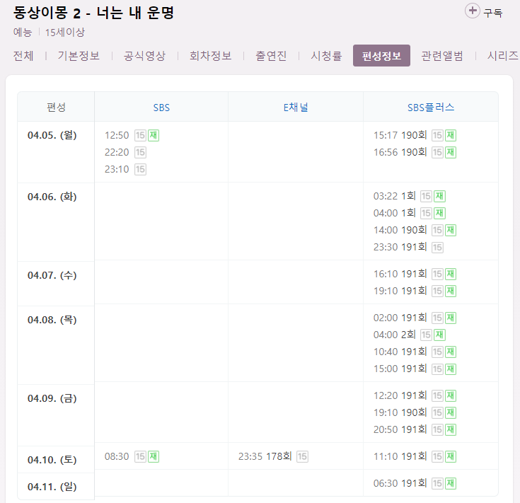 동상이몽 2 너는 내 운명 191회 재방송 다시보기 편성표 편성정보 SBS 예능 시간 날짜