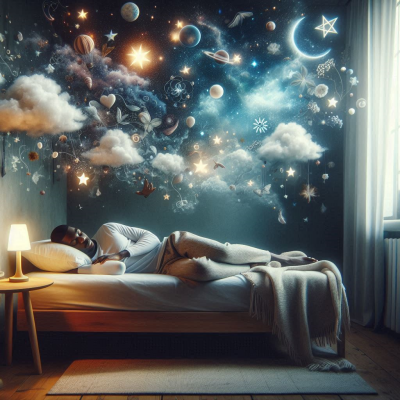 하늘에 별과 구름들이 떠 있는 꿈의 장면을 표현한 이미지입니다.