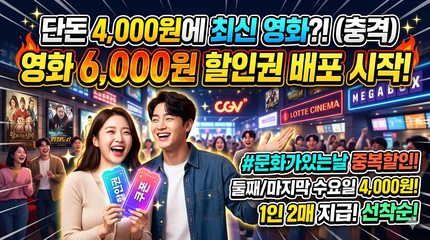 "단돈 4,000원에 최신 영화?!", "6,000원 할인권 배포 시작!" 등 핵심 혜택을 큰 글씨와 강조 색상으로 배치하여 호기심을 자극합니다.