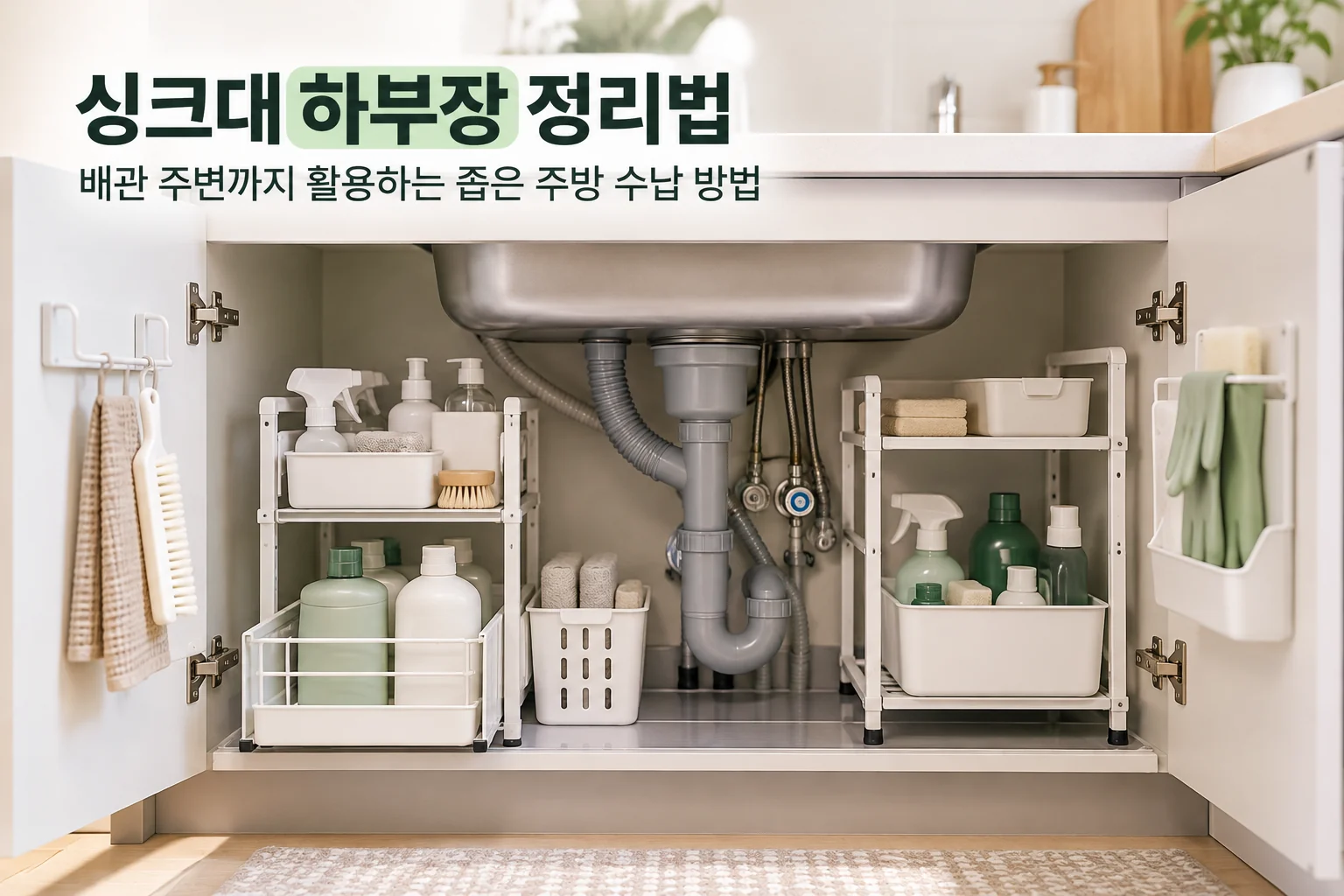 싱크대 하부장 정리법을 보여주는 이미지로, 배수관 양쪽에 수납 선반과 정리함을 배치해 세제와 청소용품을 깔끔하게 정리한 주방 모습