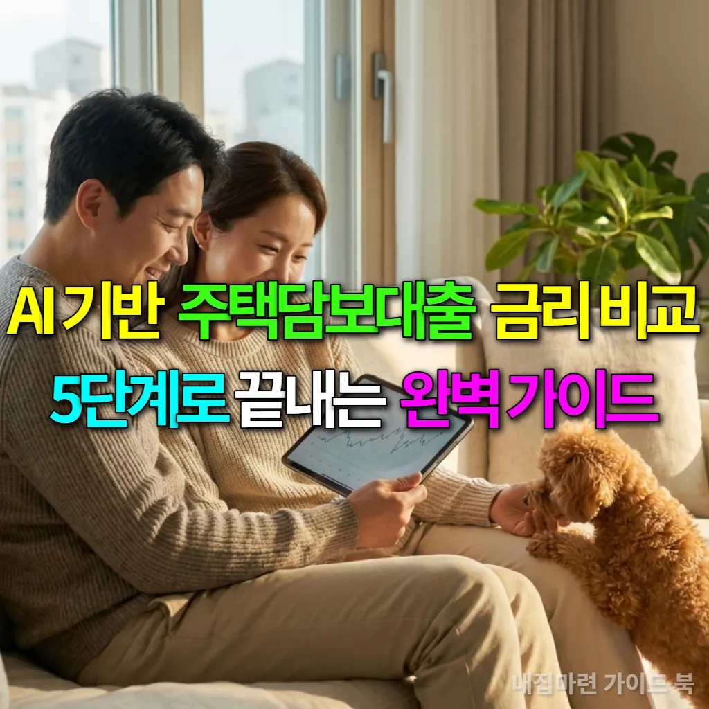 거실 소파에 앉아 AI 대출 금리 비교 앱을 보고 웃고 있는 한국인 부부와 강아지