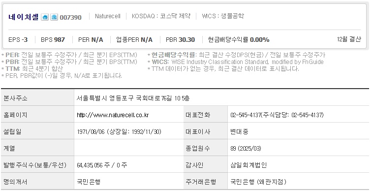 네이처셀 주가 기업개요 (0730)