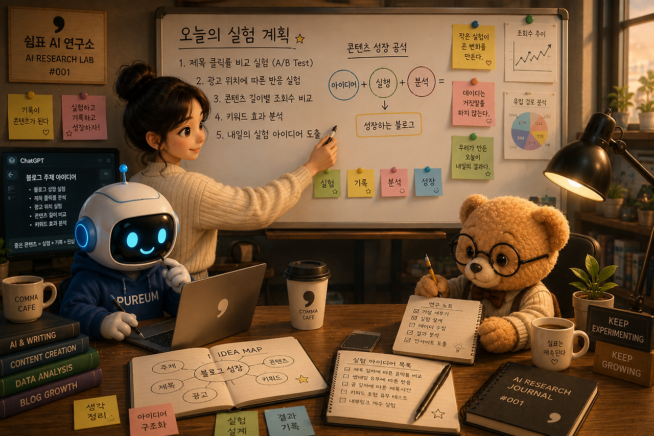 쉼표가 화이트보드에 '오늘의 실험 계획'을 적고, AI 연구원들과 함께 데이터 분석과 콘텐츠 성장을 고민하는 모습.