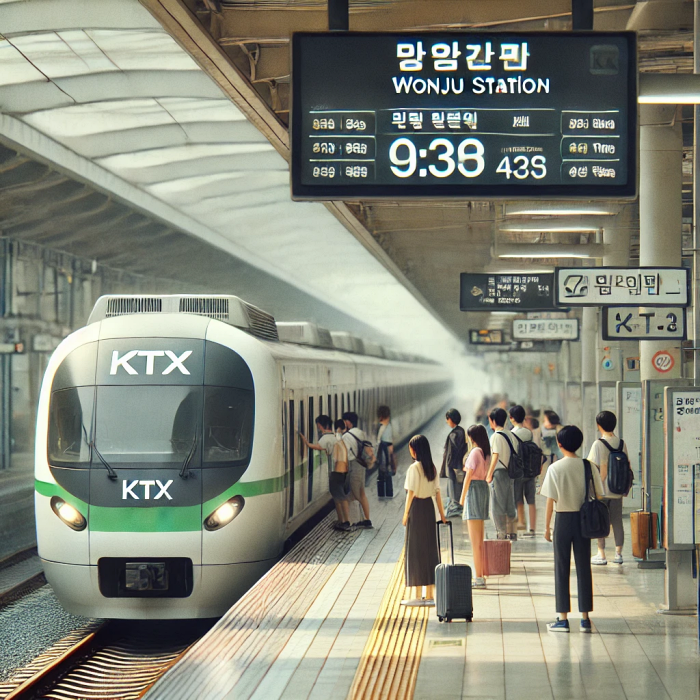 원주역 플랫폼에서 정차 중인 KTX 열차와 탑승 대기 중인 승객들