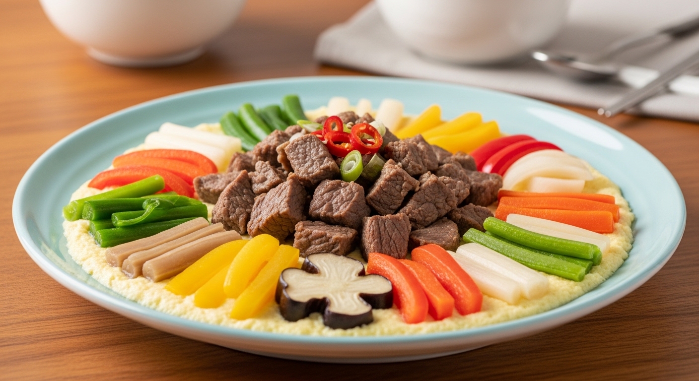 알록달록한 채소와 함께 푸짐하게 담긴 한국식 소고기 찹스테이크 요리
