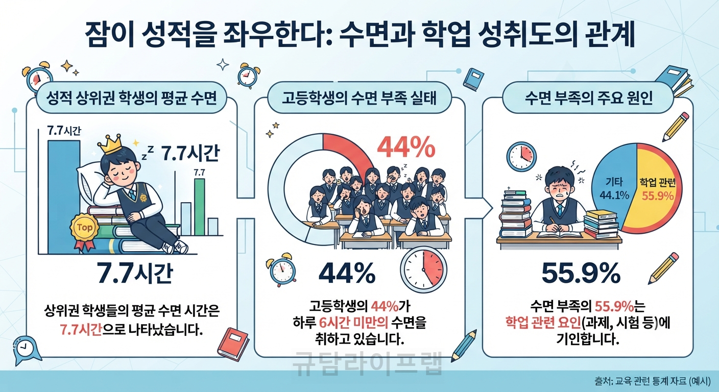 학생 수면시간과 성적 관계 상위권 학생 평균 수면 7.7시간