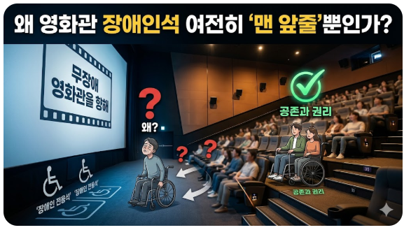영화관 내 장애인석의 위치 불평등 문제를 다루는 블로그 썸네일입니다. 상단에는 "왜 영화관 장애인석 여전히 '맨 앞줄'뿐인가?"라는 제목이 있습니다.

이미지는 대형 스크린과 객석이 있는 영화관 내부를 보여줍니다. 왼쪽 하단, 스크린 바로 아래인 '맨 앞줄'에는 두 개의 휠체어 전용석이 고립된 형태로 배치되어 있으며, 한 장애인이 외롭게 스크린을 바라보고 있습니다. 그 위로 빨간색 물음표 graphic과 "왜?"라는 문구가 떠 있어 왜곡된 시야와 차별을 시각적으로 나타냅니다.

반면, 중앙 상단에는 편안한 중간 객석에 휠체어 이용자와 동행인이 나란히 앉아 함께 영화를 즐기고 있습니다. 그 위로 초록색 체크표시 graphic과 "공존과 권리"라는 문구가 떠 있어, 이들이 원하는 이상적인 관람 환경을 보여줍니다. 스크린 속에는 "무장애 영화관을 향해"라는 문구가 새겨져 있어 장애인 권리 향상에 대한 메시지를 전달합니다.