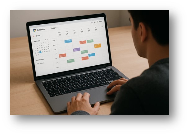 스마트폰이나 랩탑에서 일정관리를 할 수 있는 구글 캘린더를 실행시켜서 시간관리하고 있는 모습