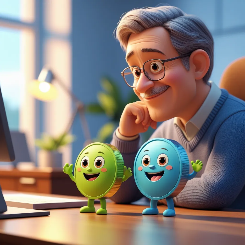 미국 스테이블코인을 투자하는 중년의 남성이 책상 앞에 앉아서 책상위의 의인화된 USDT 코인과 USDC 코인과 반갑게 인사하는 모습의 이미지.