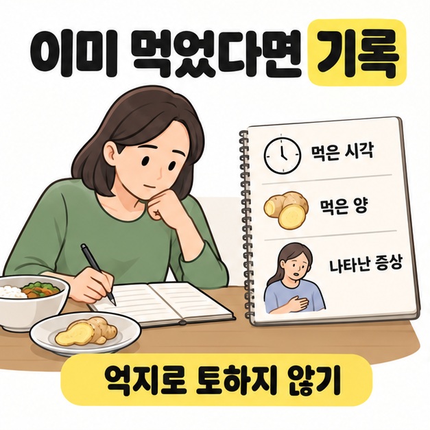 먹은 시각과 먹은 양, 나타난 증상을 기록하는 성인과 기록지를 보여 주며 억지로 토하지 않도록 안내하는 그림