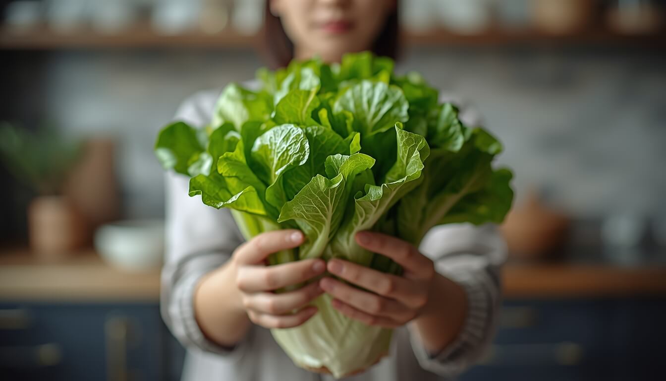 주방에서 신선하고 아삭한 상추를 들어 보이고 있는 여성