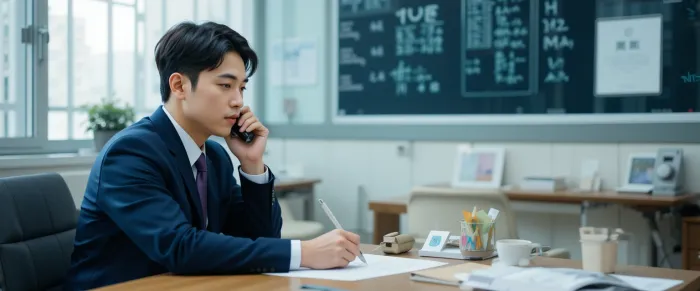 책상에서 병원에 전화를 걸어 건강검진을 예약하는 장면