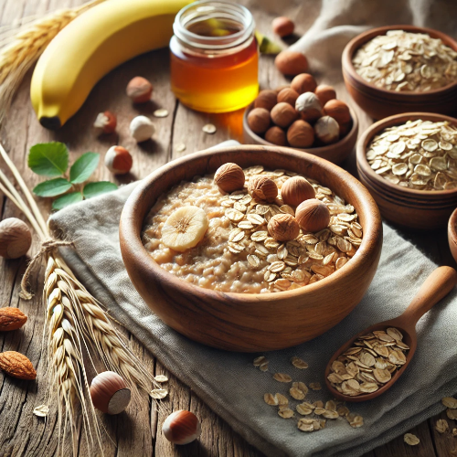 건강한 귀리와 오트밀 요리, 나무 그릇에 담긴 신선한 재료