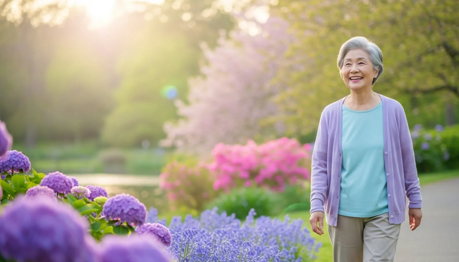 밝은 햇살 아래 꽃밭을 걷고 았는 할머니 모습