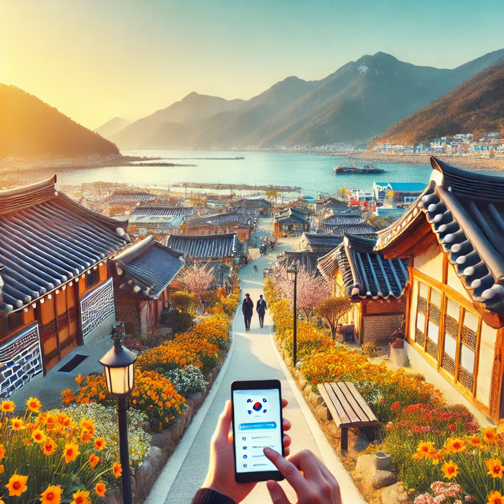여행앱을 사용하여 국내 여행을 즐기는 모습_image generated by DALLE